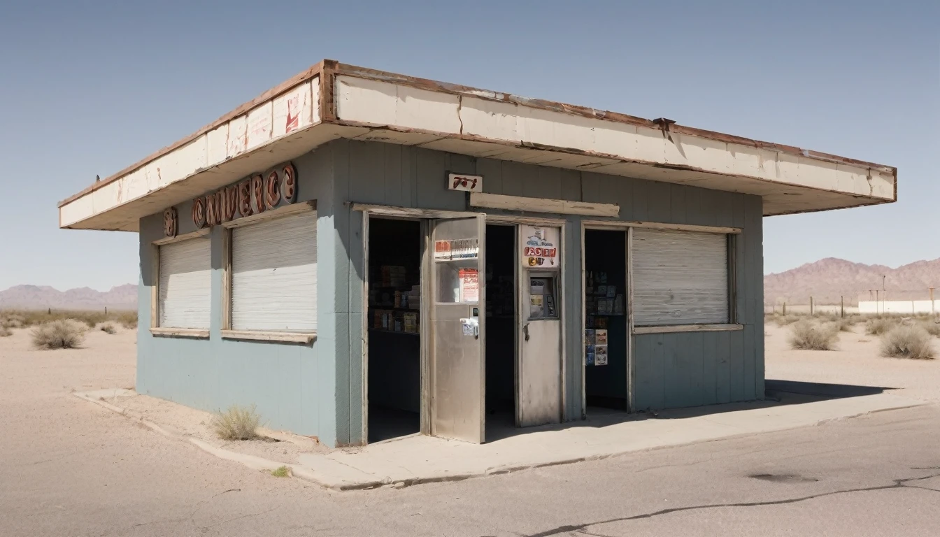 Initially, he thought it was a convenience store in the middle of the desert, but he soon realized that he was in front of a desolate establishment, almost as if it had been suddenly abandoned.
The door to what appeared to be a convenience store creaked open, revealing an interior plunged into darkness.