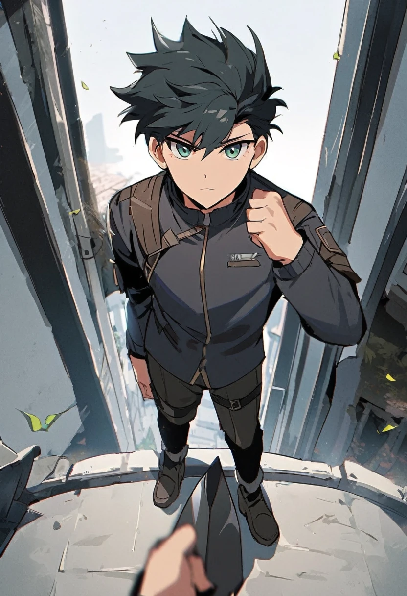 Male, young, stand on ellegant pose, bird eye pov, bring a spear, with alert ekspression, full body