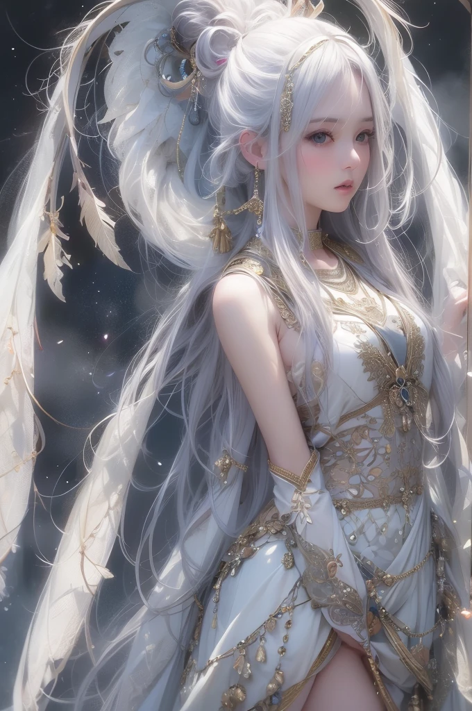 Night view、(White Wings 1.2),(White feathers falling in the background 1.1)， （（masterpiece））， （detailed：1.4），Realistic、 Beautiful Woman Images，High resolution（High Dynamic Range），Ray Tracing，NVIDIA，Super Resolution，PBR Textures，Post-processing，Anisotropic Filtering，Maximum depth of field resolution and crisp layer textures，Albedo and Specular Maps，Surface Shading，Accurate simulation of material interactions，Perfect balance，Rendering with Octane，2-color light，Large diameter，Low ISO，White balance，Rule 3 points、8K raw data、Backlight、（Gray hair that changes with light、length bangs that block the view、length, In the forest surrounded by white mist,One girl, alone, Age 25,(short hair),(White Hair),((Young body type 0.5)),(Flat Chest 0.9),非常にdetailedな肌と顔の質感:1.3, 超detailedな顔, detailedな手と指, detailedな目, (Inuit traditional clothing),Keep God,Cute and slim goddess, Fair skin, (Calm:0.9, Totally captivates you:1.0) Lustrous gray hair、Smooth and straight hair、WHITE hair fluttering in the wind、Beautiful Bangs）、（Beautiful white and shining skin、Cheek gloss highlighter、Sexy and very beautiful and adorable face、The most beautiful face in the world、big, Sparkling Blue Eyes）、From the side
