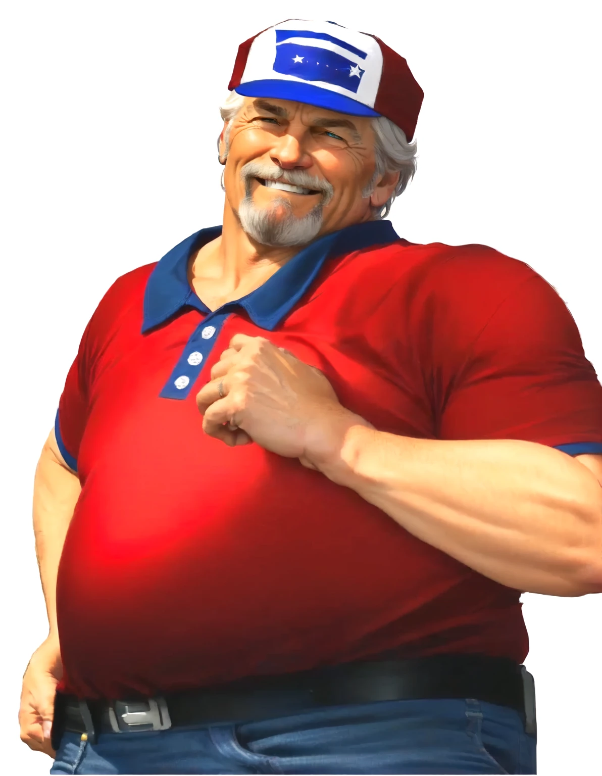 a close up of a man in his 60s wearing a red shirt and blue jeans, as a character in tekken, beefy, realistic textures, jeff bridges with a goatee, best friend smiling at you with encouragement, Out Run 2 flagman, 2 k, 2k, muscular bernie sanders, buff man, character from king of fighters, robust stocky body, hide the pain harold, name of character is flagman, wise face, his cap has a SEGA logo on it, (short GREY hair)