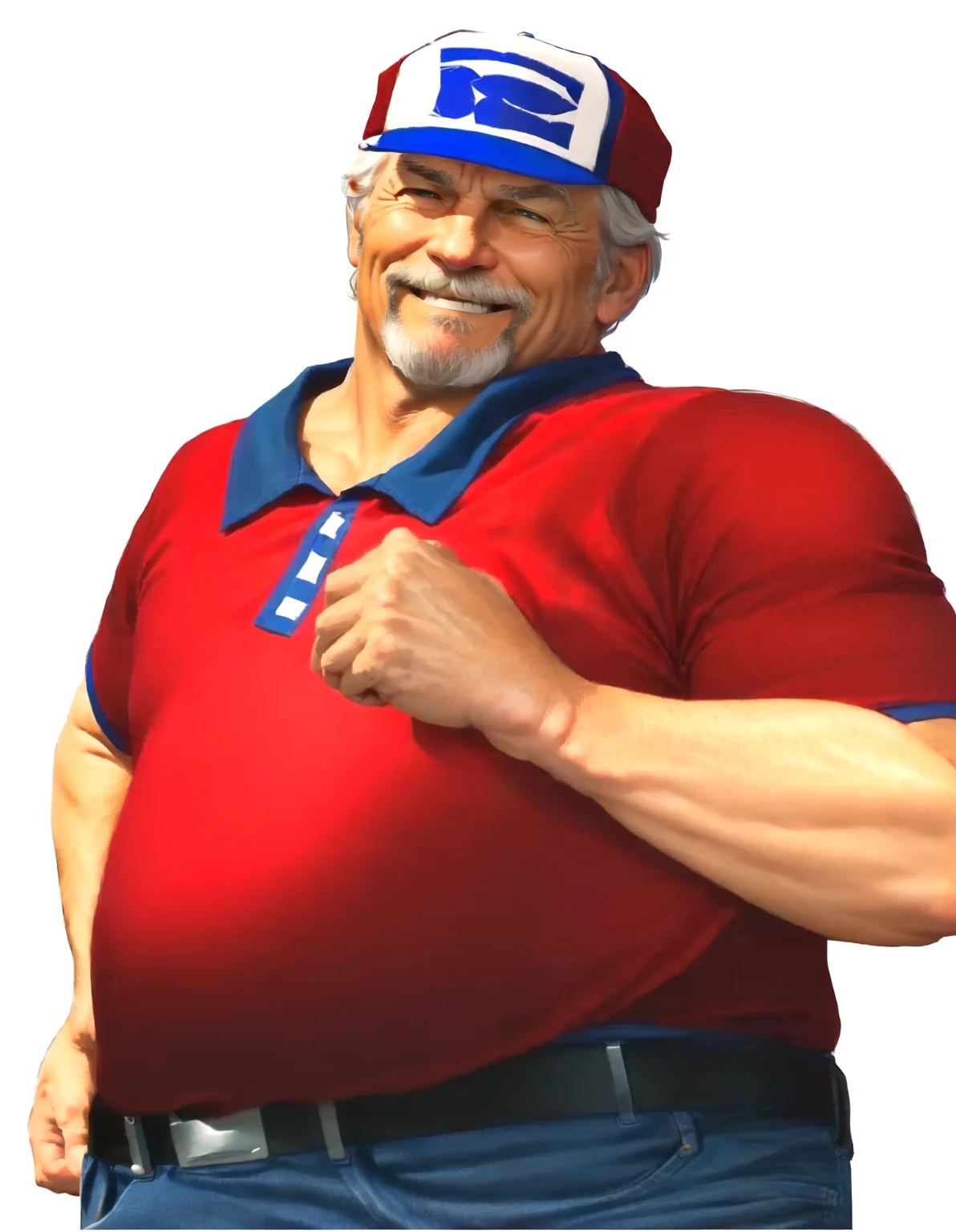 a close up of a man in his 60s wearing a red shirt and blue jeans, as a character in tekken, beefy, realistic textures, jeff bridges with a goatee, best friend smiling at you with encouragement, Out Run 2 flagman, 2 k, 2k, muscular bernie sanders, buff man, character from king of fighters, robust stocky body, hide the pain harold, name of character is flagman, wise face, his cap has a SEGA logo on it, (short GREY hair)