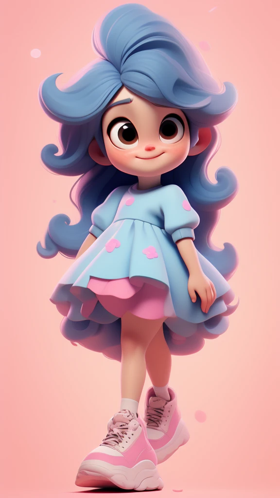 8k, highly detailed, beautiful girl, baby, chibi, , cover art, blue hair bow, brown long hair pink sleeve dress, white background,white shoes, balancing, optimistic