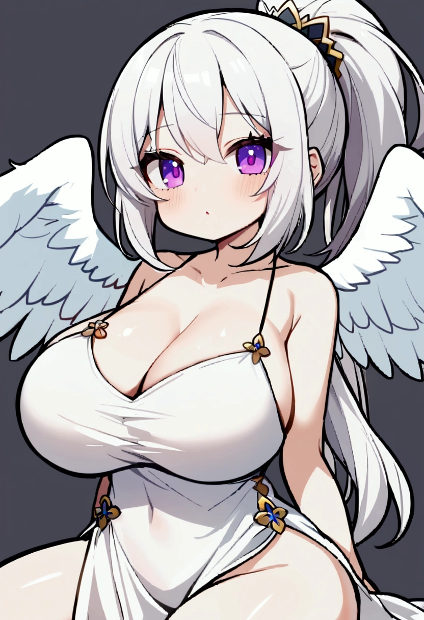 1girl, long white hair, pony tail, violet eyes, , big breasts, simple white dress with deep decolletage, chibi style,angel wing on back
