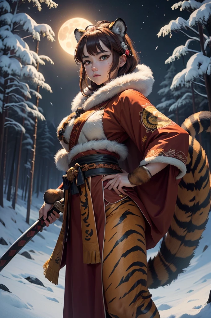 work of art, best qualityer, 1 girl, master Tigress, kung fu panda, shining skin, cinematic lighting, breasts big, looking ahead at viewer, Messy hair, tiger ears, tiger tail, dynamic pose, snowy forest at night, red chinese traditional clothes, white skirt, Brown boots, katana, standing alone,ssmile, blush, windy, greeneyes, short light brown hair, ultra detali, 8k, RTX, ambient occlusion, rim lighting, busy,