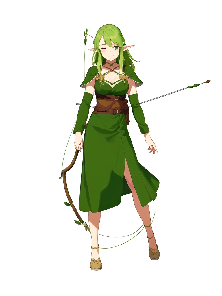 Anime, 1girl, 1woman, there is a woman dressed in a green dress with a bow and arrow, female forest archer, wood elf, (((mad))) elf princess, forest hunter lady, female elfling, female earth mage, female elf, beautiful wood elf, half elf woman, elven princess, elven warrior princess, elf princess knight, elf princess, female druid, forest dryad, (her right eye was closed, her left eye was open, she was laughing, not wearing shoes)