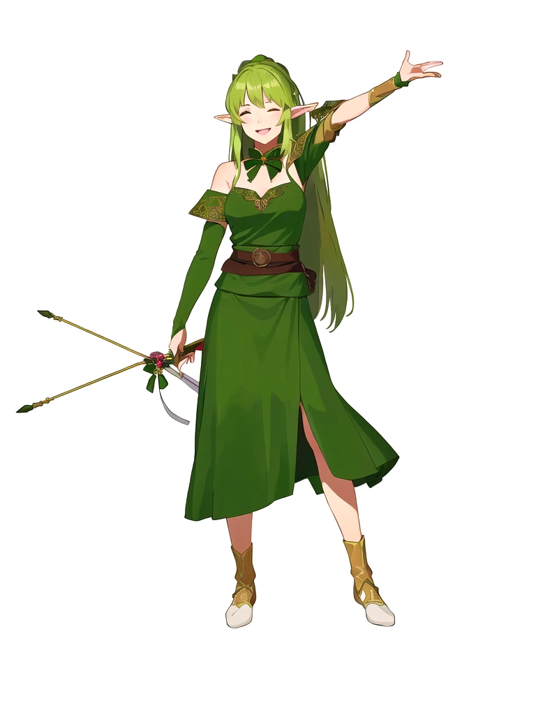 Anime, 1girl, 1woman, there is a woman dressed in a green dress with a bow and arrow, female forest archer, wood elf, (((mad))) elf princess, forest hunter lady, female elfling, female earth mage, female elf, beautiful wood elf, half elf woman, elven princess, elven warrior princess, elf princess knight, elf princess, female druid, forest dryad, (her right eye was closed, her left eye was open, she was laughing, not wearing shoes)