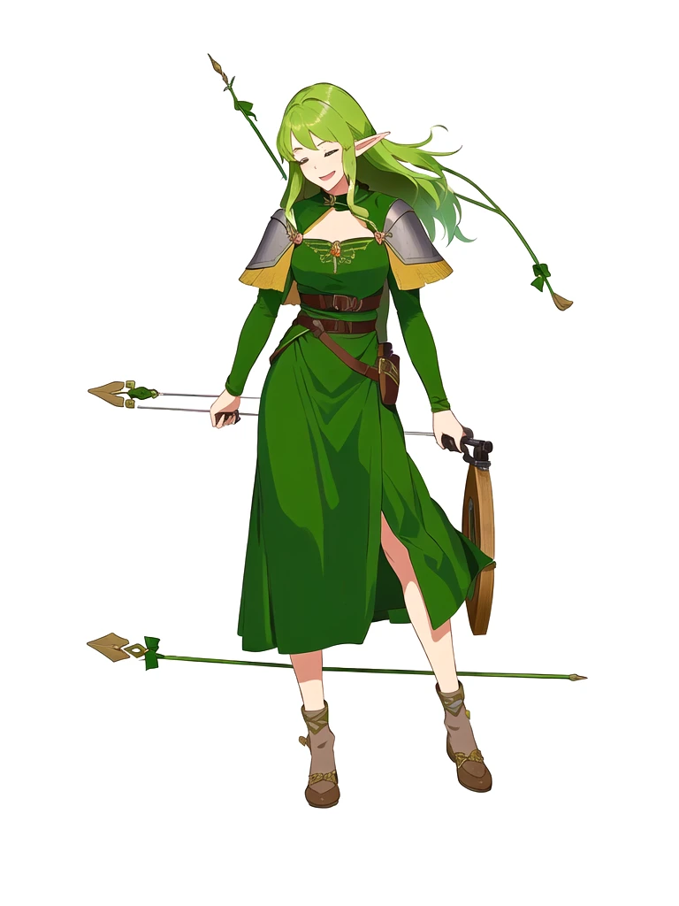 Anime, 1girl, 1woman, there is a woman dressed in a green dress with a bow and arrow, female forest archer, wood elf, (((mad))) elf princess, forest hunter lady, female elfling, female earth mage, female elf, beautiful wood elf, half elf woman, elven princess, elven warrior princess, elf princess knight, elf princess, female druid, forest dryad, (her right eye was closed, her left eye was open, she was laughing, not wearing shoes)