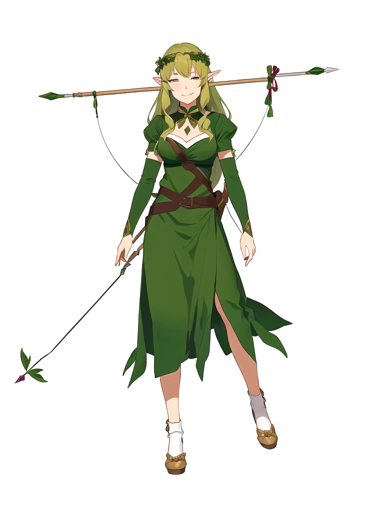 Anime, 1girl, 1woman, there is a woman dressed in a green dress with a bow and arrow, female forest archer, wood elf, (((mad))) elf princess, forest hunter lady, female elfling, female earth mage, female elf, beautiful wood elf, half elf woman, elven princess, elven warrior princess, elf princess knight, elf princess, female druid, forest dryad, (her right eye was closed, her left eye was open, she was laughing, not wearing shoes)