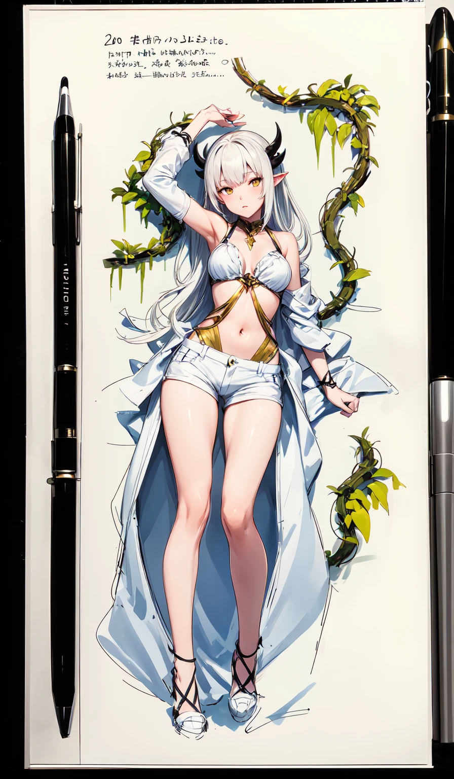 sketch (Character Design Sheet, Same characters, whole body, Three-species, Front, ~ ~ ~ side, come back),(Very bright:1.1), White background, [1 girl:7], (tilted his head:1.2), ([sketch|watercolor \(Temperate\)]:1.15),whole body, Yellow medieval summer girl, concept, vines on the hand and horns from the vines, full length, whole body, magic hunter, white shorts, SFV