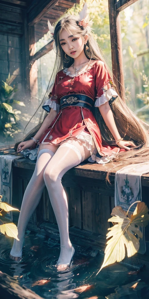 (best quality, masterpiece, high resolution, glow, flood, lens glare, wide angle), sunlight, full body, 1 [Chinese|Russian|Japanese|Korean] girl, solo,((mei red:1.1) clothes), necklace, jewelry, long hair, earrings, super delicate face, beautiful face, perfect hands,full face blush, (perfect eyes) and ( long eyelashes: 1.4), glowing pupils, looking at viewer,(white stockings: 0.9), realism, (high detail skin: 1.2), 8k ultra hd, DSLR, high quality, volumetric lighting, frank, high resolution, 4K, 8K, background bokeh, dream forest, radiant garlic, feather drop effect, morning, foreground, f/16
