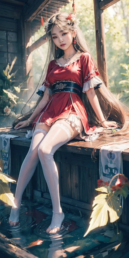 (best quality, masterpiece, high resolution, glow, flood, lens glare, wide angle), sunlight, full body, 1 [Chinese|Russian|Japanese|Korean] girl, solo,((mei red:1.1) clothes), necklace, jewelry, long hair, earrings, super delicate face, beautiful face, perfect hands,full face blush, (perfect eyes) and ( long eyelashes: 1.4), glowing pupils, looking at viewer,(white stockings: 0.9), realism, (high detail skin: 1.2), 8k ultra hd, DSLR, high quality, volumetric lighting, frank, high resolution, 4K, 8K, background bokeh, dream forest, radiant garlic, feather drop effect, morning, foreground, f/16