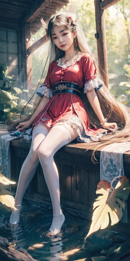 (best quality, masterpiece, high resolution, glow, flood, lens glare, wide angle), sunlight, full body, 1 [Chinese|Russian|Japanese|Korean] girl, solo,((mei red:1.1) clothes), necklace, jewelry, long hair, earrings, super delicate face, beautiful face, perfect hands,full face blush, (perfect eyes) and ( long eyelashes: 1.4), glowing pupils, looking at viewer,(white stockings: 0.9), realism, (high detail skin: 1.2), 8k ultra hd, DSLR, high quality, volumetric lighting, frank, high resolution, 4K, 8K, background bokeh, dream forest, radiant garlic, feather drop effect, morning, foreground, f/16