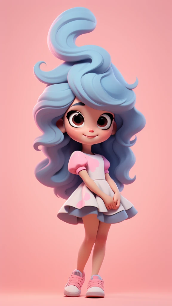 8k, highly detailed, beautiful girl, baby, chibi, , cover art, blue hair bow, brown long hair pink sleeve dress, white background,white shoes, balancing, optimistic