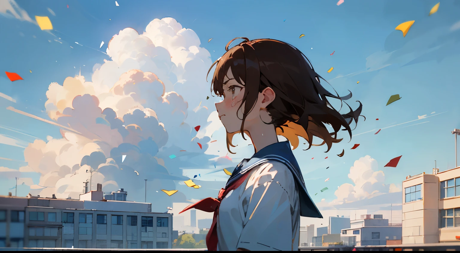 ((Highest quality)), ((masterpiece)), ((Very detailed)),Girl,Angry expression,Confetti,Brown Hair,Blue sky and clouds,Tears on my cheeks,profile,student,School building