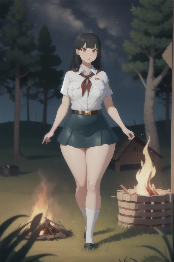 high quality, best quality, beautiful, perfect lighting, detailed face, ultra cute face, 1girl, solo, black hair, long hair, orange eyes, , large breats, huge breats, thick thighs, wind lift, outdoors, grass, field, forest, pioneer neckerchief, pioneer movement soviet pioneer, short skirt, blue skirt, bangs, shirt, collarbone, white shirt, short sleeves, collared shirt, belt, neckerchief, eyelashes, red neckerchief, pocket,  pocket, night, forest, campfire,