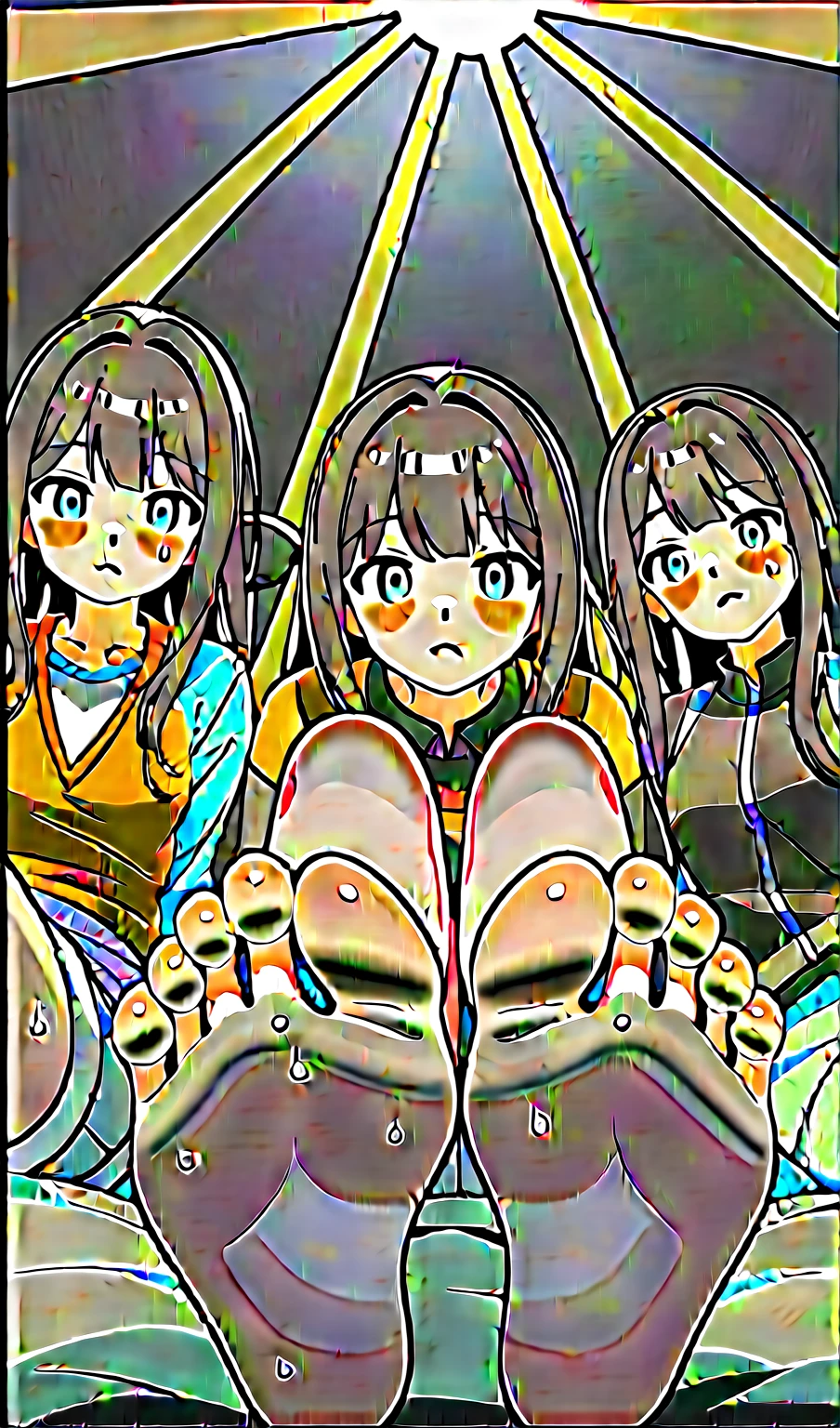 wallpaper, best quality, Very detailed, masterpiece, Extremely detailed, illustration, Sky,Foot Focus, giggle, barefoot,Stinky feet,Steam around feet,脚底Sweating很多,Water dripping from the soles of feet,Sweating all over,Sweating,