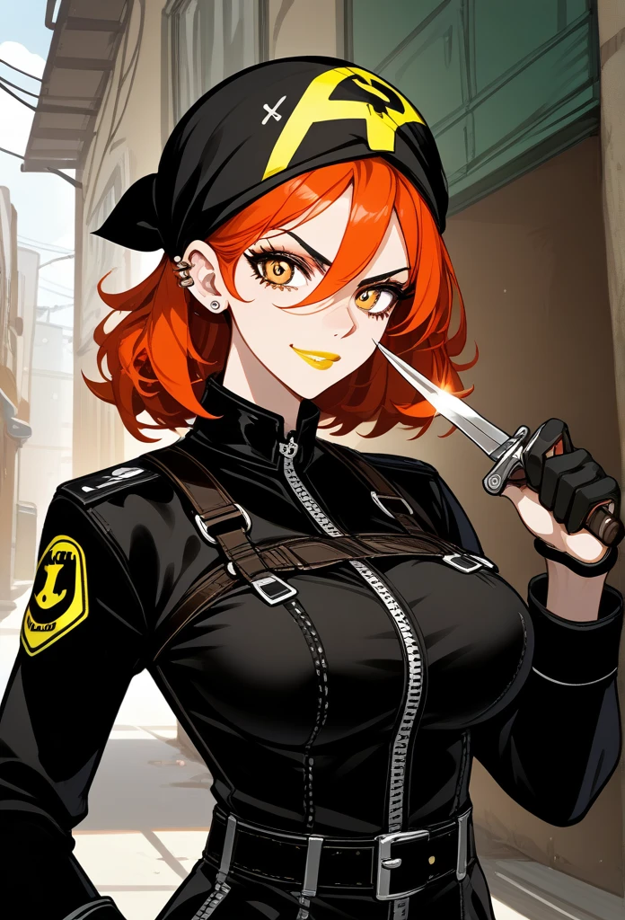 masterpiece, best quality, mature woman, mature face, trimmed hairstyle, red hair, mature face, hot face, glossy lips, gobby lips, sharp eyes, big breasts, voluptuous body, golden eyes, (bandit outfit, bandit bandana), looking at viewer, tough appearance, alley, (looking serious), yandere face, flirting smile, (glaring eyes, piercing eyes), yandere expression, (holding dagger)