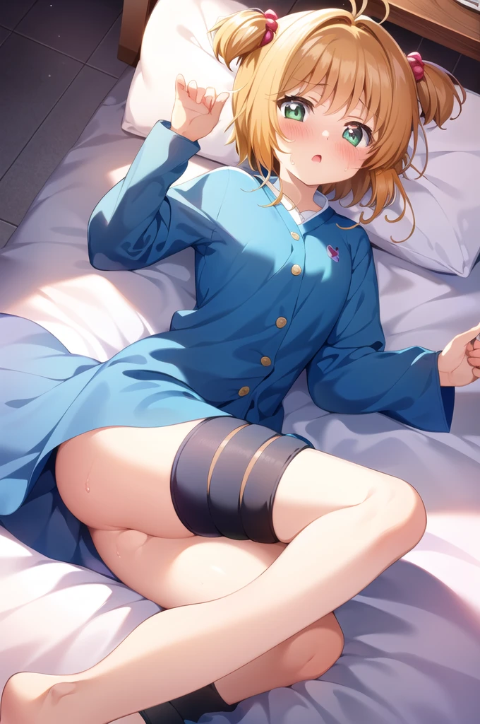 NSFW,masterpiece, best quality, POV,look at viewer,1girl, solo, kinomoto sakura, two side up,naked,(embrassing,blush:1.5),(vapour:1.0),(wet:0.8),(Sweat:0.8),tomoeda elementary,bedroom,on the bed,lying