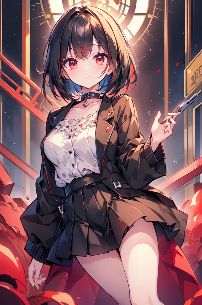 (masterpiece, highest quality, highest quality, (No text), Beautiful and aesthetic:1.2),No text,アニメ、BREAK,One Girl,Black Hair Girl short hair older sister choker Beautiful eyes Red eyes cool smile Red and Black Black jacket mini skirt whole body In town