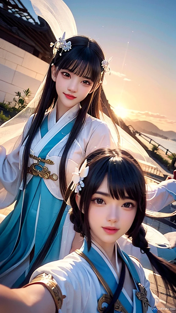 (A couple, beautiful girl and boy), Big watery eyes, Look at each other, smiling,Wearing white clothes, Fine hair, Ancient Chinese beauties and handsome men, wearing chinese clothing, Flowing tulle, Light silk,(clean background), ink drawing style, clean colors, Decisive cutting, Blank, unarmed, masterpiece, Super detailed, epic work, high quality, Highest quality, 4K