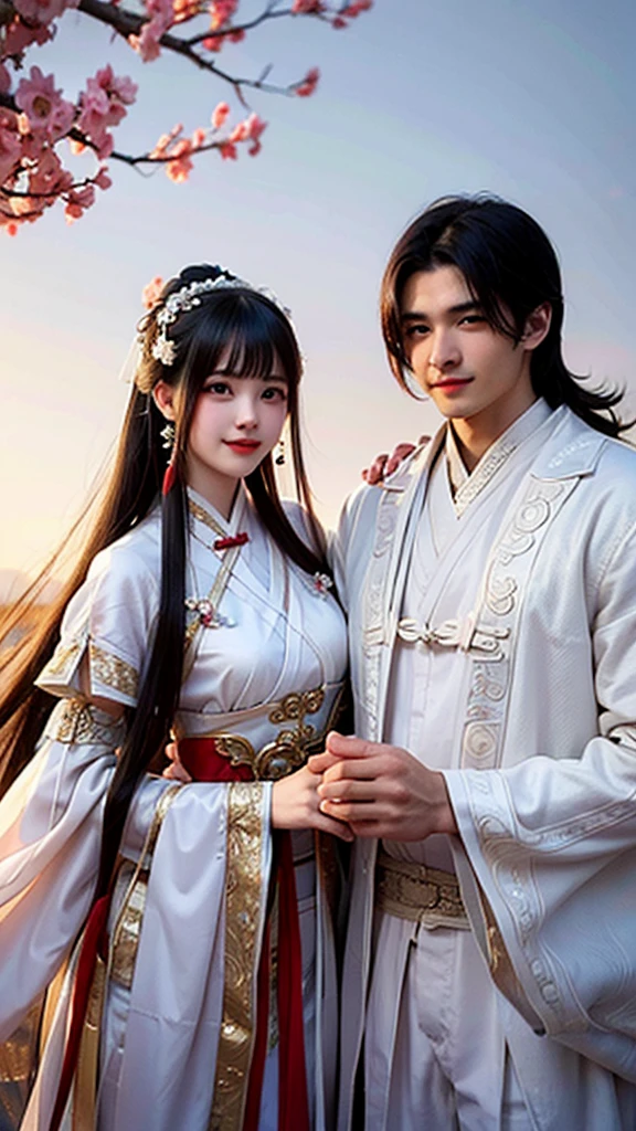 (A couple, beautiful girl and boy), Big watery eyes, Look at each other, smiling,Wearing white clothes, Fine hair, Ancient Chinese beauties and handsome men, wearing chinese clothing, Flowing tulle, Light silk,(clean background), ink drawing style, clean colors, Decisive cutting, Blank, unarmed, masterpiece, Super detailed, epic work, high quality, Highest quality, 4K