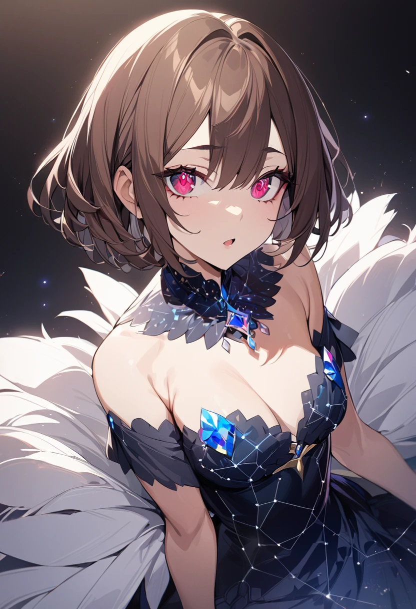 1 girl, masterpiece, top quality, beauty, big eyes, jewel eyes, ruby eyes, brown hair, intake, short hair, constellation dress, constellation