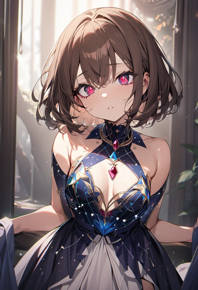 1 girl, masterpiece, top quality, beauty, big eyes, jewel eyes, ruby eyes, brown hair, intake, short hair, constellation dress, constellation