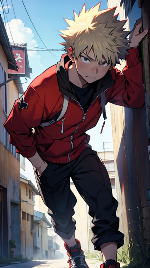 Katsuki Bakugo from &#39;My Hero Academia&#39; in high quality, with a dark and personalized theme. Show him in an aggressive pose, with dark and intense explosions coming from your hands. Capture his fierce and determined expression, highlighting the details of your hero uniform, including the big grenades on the arms.Use a dark, dramatic background, like a devastated cityscape or a stormy night with dark clouds and lightning. Add deep shadows and strong contrasts to highlight Bakugo&#39;s intense, menacing aura, highlighting your explosive energy and power in a dark environment
