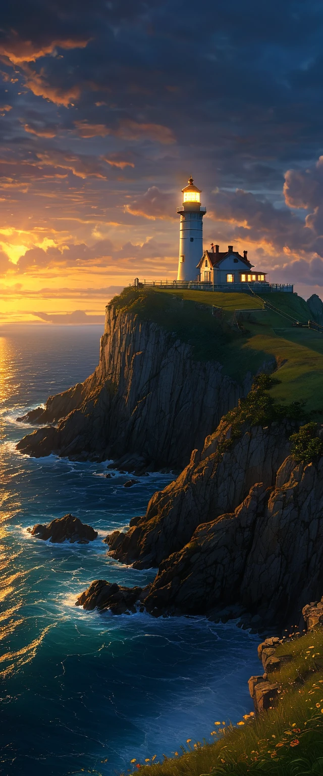 High quality, 8K Ultra HD. a painting of a solitary lighthouse shining around on a cliff, dusk with hellish and golden clouds incredible, dreamy, majestic, 4k anime wallpaper, incredible miyazaki, thomas kinkade matte 4k, art by Aries Moross, art by Bob Byerley, AshleyWoodArtAI, greg rutkowski