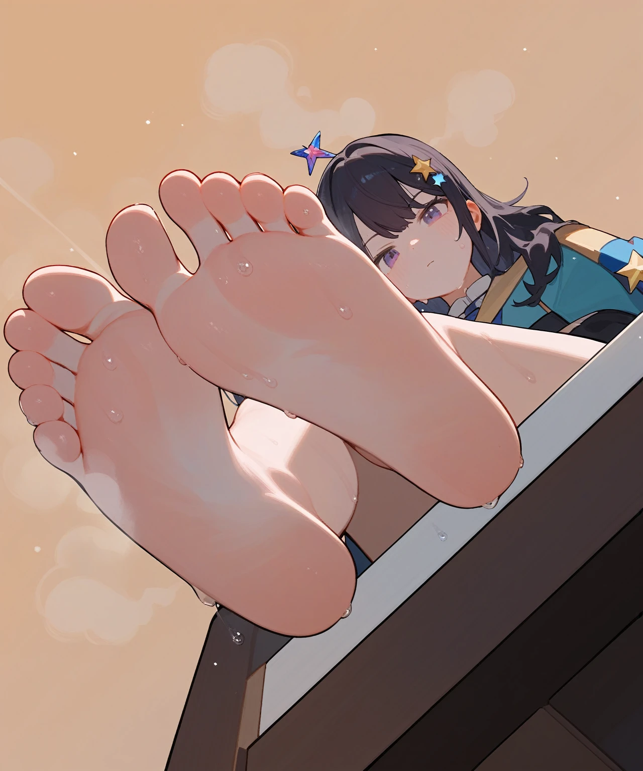 wallpaper, best quality, Very detailed, masterpiece, Extremely detailed, illustration, Sky,Foot Focus, giggle, barefoot,Stinky feet,Steam around feet,脚底Sweating很多,Water dripping from the soles of feet,Sweating all over,Sweating,Star-shaped hairpin on head