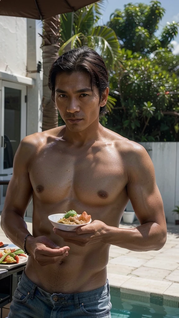 photorealistic,man,Thai person,45 years old,handsome,cool, close-up, pooling away, posing, Looks delicious,Very delicious,Have lunch,realistically,sharp.