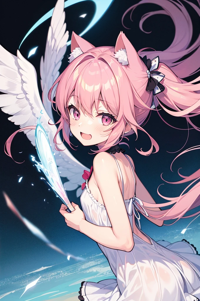 cat ears tail,long hair,pInk hair,angel shota,angel,halo,frilly angel uniform,boy's flat chest,Say good night and open mouth smile,
hyper detail and hyper precise illumination,anime style outline,