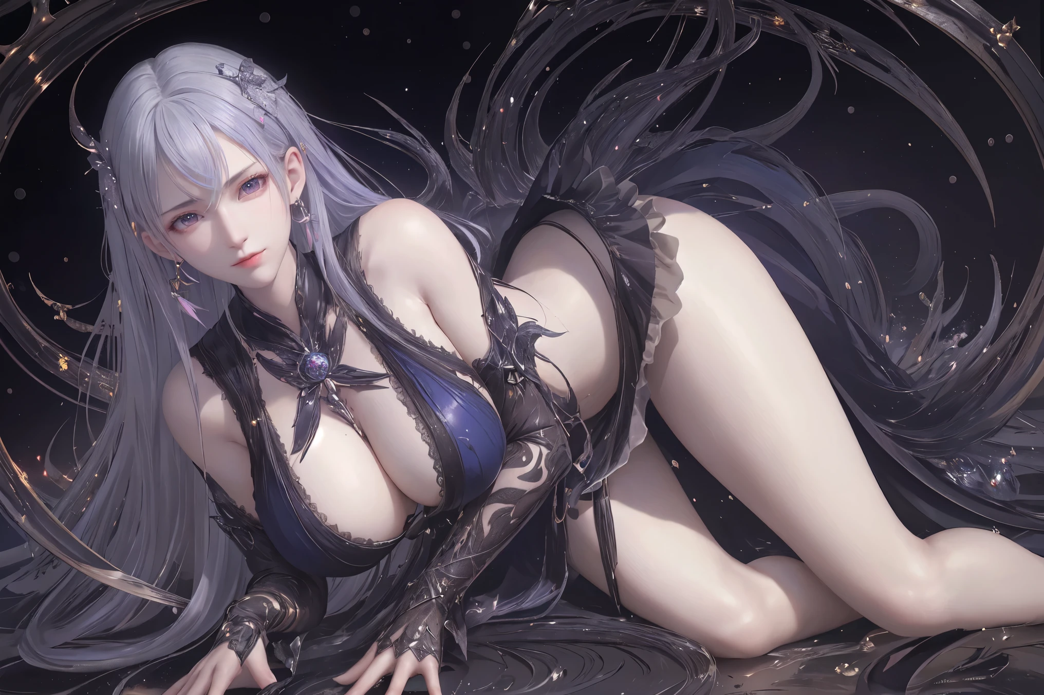 8k, masterpiece, bset quality, girl in tight black dress luxury, glossy, sexy girl fantasy anime artwork, fantasy anime illustration, 8k badass anime, anime art wallpaper 4k, 4k anime art wallpaper, 2.5 d cgi fantasy anime artwork, 8k anime art wallpaper, detailed digital anime art, beautiful fantasy anime, epic anime artwork , 4k anime wallpapers, detailed anime artwork, sexy, seductive, giant, women, anime style, best quality, extremely detailed, best silhouette), (details) font background, dark fantasy), (beautiful detailed face), high contrast, (best lighting details, extremely delicate and beautiful), ((cinematic lights)), colorful, super detailed, dramatic lighting, intricate details, (1 girl, solo, sharp face,...dark blue hair, super long hair, thick tifa-style bangs, long eyelashes, dynamic angles) , black light swirling around the character, depth of field, black light particles, wearing a luxurious, noble tight dress, tight, stockings, water effect, magic effect
