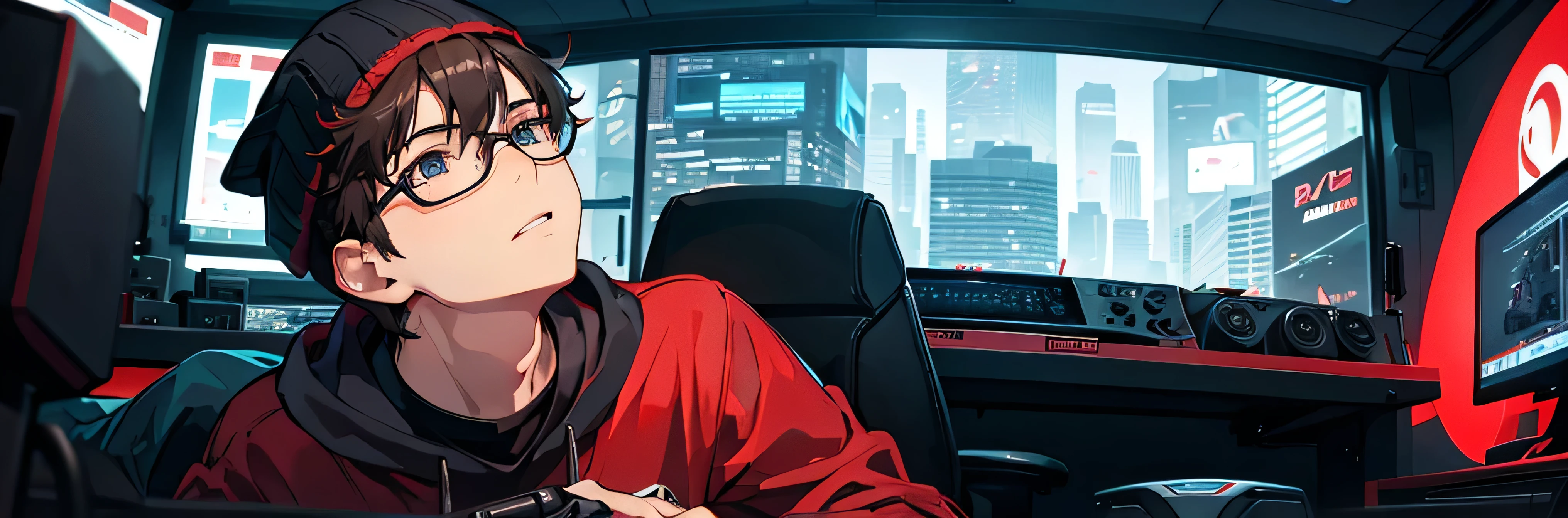 1 boy, Prone, Looking up at me, Have a gaming machine, Black Short Hair, Wearing round black-rimmed glasses, Wearing a red knit hat, high quality, 8K