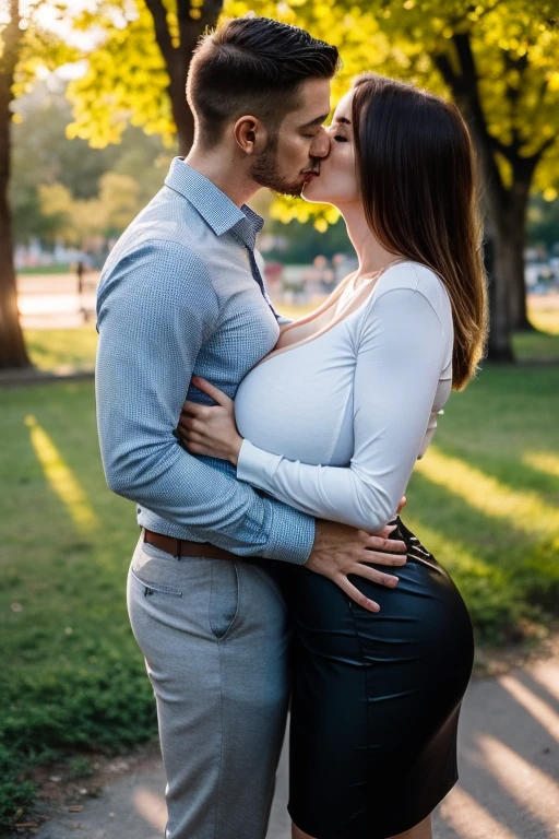 A 35 years old (woman and a handsome man), ((devotedly kissing each other)) in the park, the woman has a face like Chelsea Charms, she is wearing a business shirt with deep , business trousers, high heels, (extremely huge saggy breast:1lim waist, wide hips