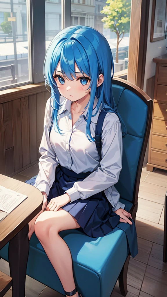 NSFW,masterpiece,Highest quality,High resolution,Super detailed,Star Town Suisei\(Hololive\),Blue Hair,One Side Ponytail,Blue Eyes,uniform,shirt,ribbon,mini skirt,Small breasts,School,classroom,smile,Sitting in a chair,Seduce,During class,Leg spread