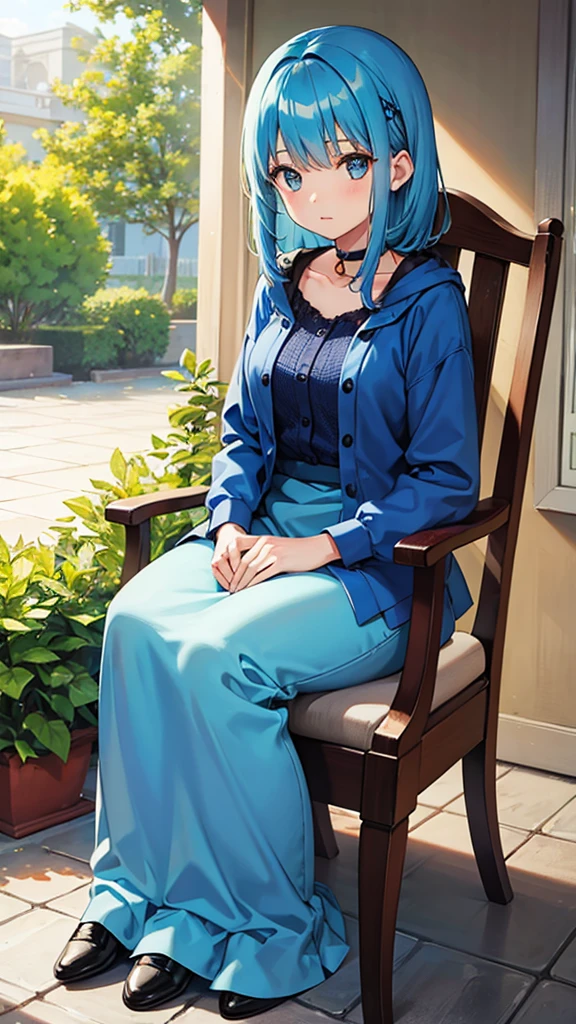 A girl with blue hair,sit on the chair,The one in my hand is my mother's model,Look relaxed,And focused,There is indeed a feeling of boredom