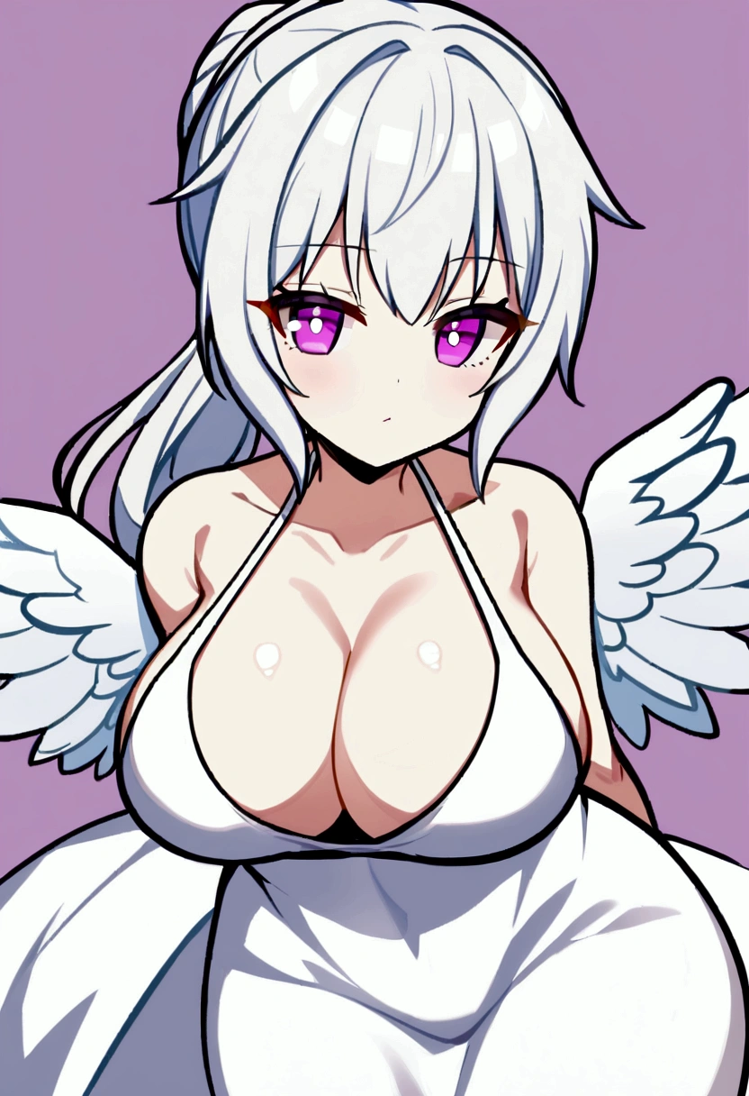 1girl, long white hair, pony tail, violet eyes, , big breasts, simple white dress with deep decolletage, (((chibi style))),angel wing on back