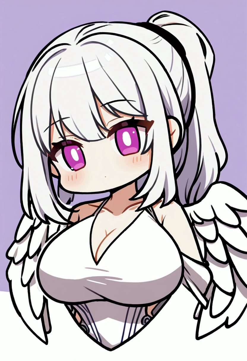 1girl, long white hair, pony tail, violet eyes, , big breasts, simple white dress with deep decolletage, (((chibi style))),angel wing on back
