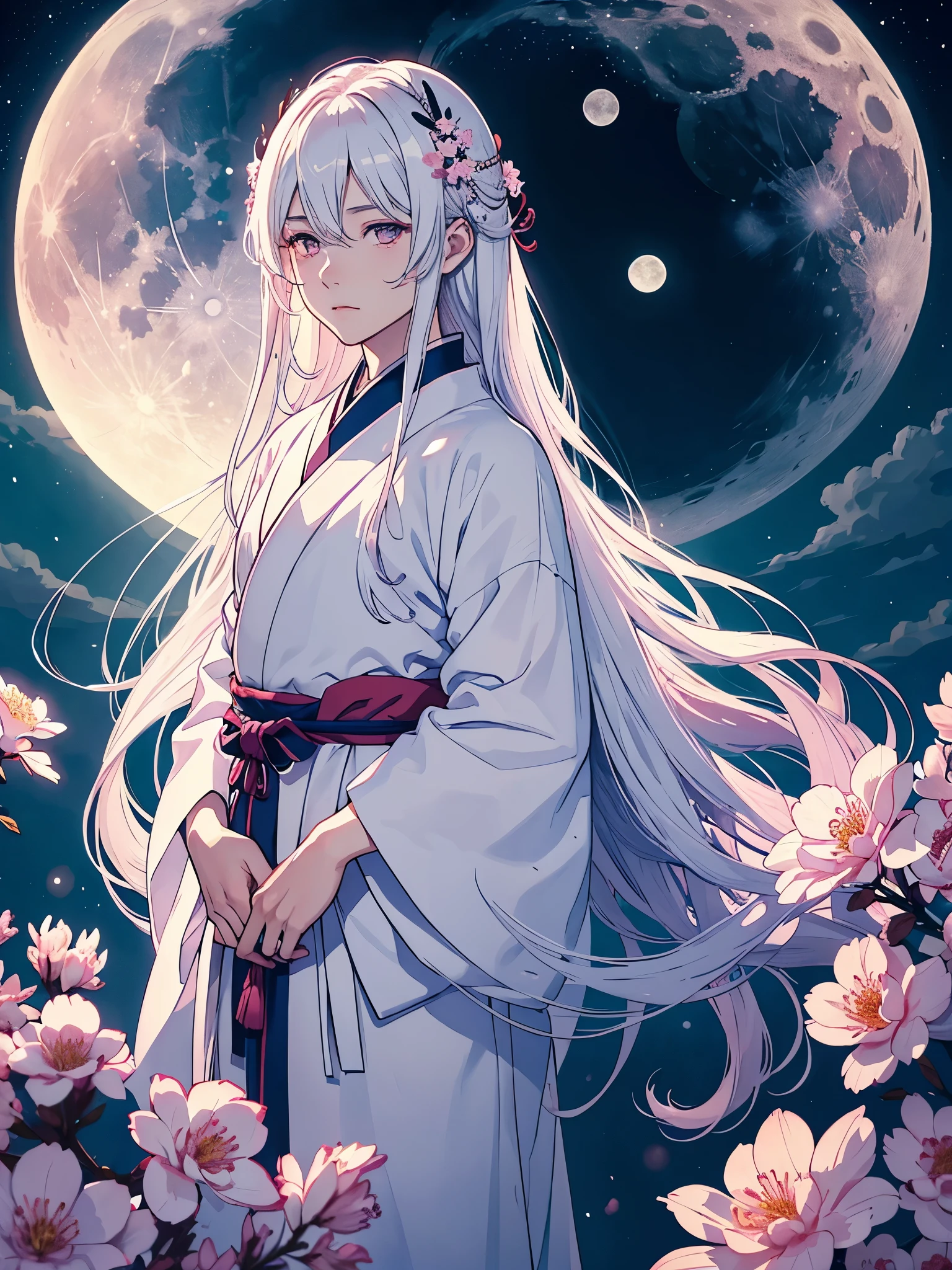 Männlich. Blaues Licht. Mann. Männlich. Boy. Tsukiyomi. japanese clothes. God of the Moon. long white hair. traditional clothing. divine. full moon. Pink flowers. at night.