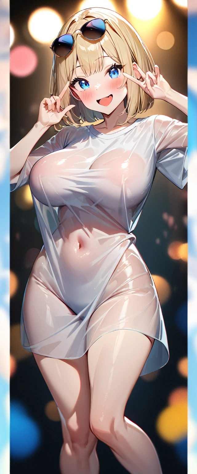 One shy anime tomboy, brown very short hair,big breasts, in a white short dress,wet, full body,standing,shy pose,white background,NSFW