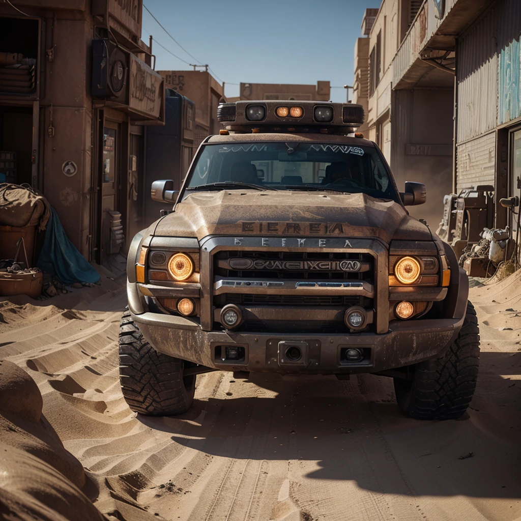 detailed desert cyberpunk pickup truck, intricate mechanical details, futuristic technology, gritty sand and weathered metal, cinematic lighting, dramatic shadows, neon city in the distance, vibrant colors, sci-fi atmosphere, hyper-realistic, ultra-detailed, 8K, photorealistic, masterpiece