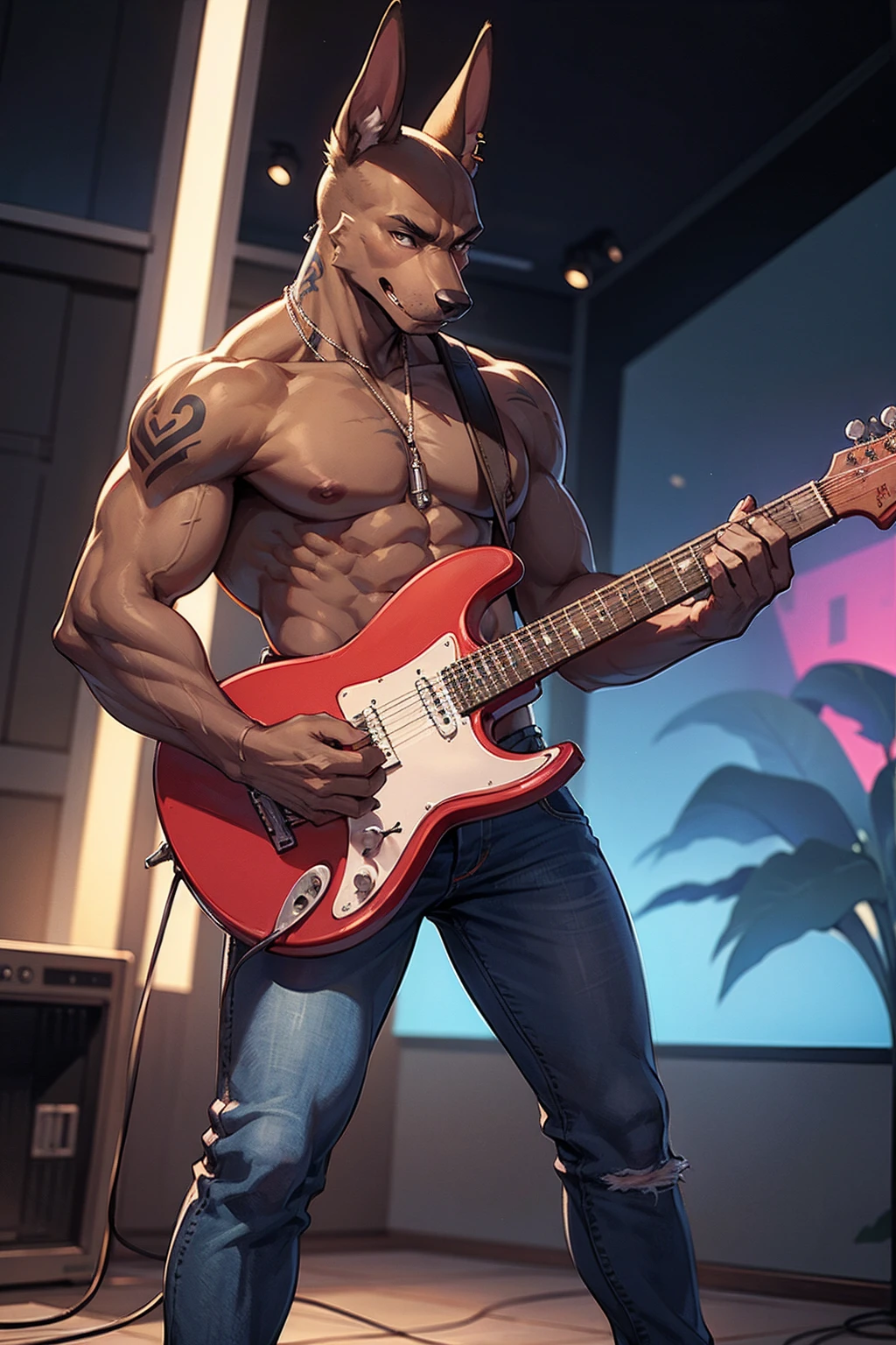 solo, furry doberman, muscular body, handsome, veins, earring, tattooed left arm, shirtless, wearing jeans, red shoes, playing electric guitar, projectors