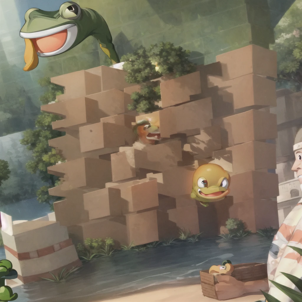 best quality, masterpiece, highres, 1 man, sunny day, green skin, topless male, bare shoulders, bare neck, bare arms, bare legs, bare chest, light smile, looking at viewer, frog face, black eyes, big eyes, glasses, slender body, athletic body, 1 person, stand, male body