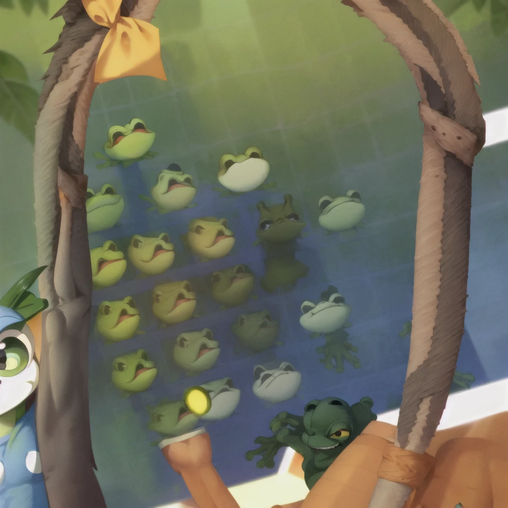 best quality, masterpiece, highres, 1 man, sunny day, green skin, topless male, bare shoulders, bare neck, bare arms, bare legs, bare chest, light smile, looking at viewer, frog face, black eyes, big eyes, glasses, slender body, athletic body, 1 person, stand, male body