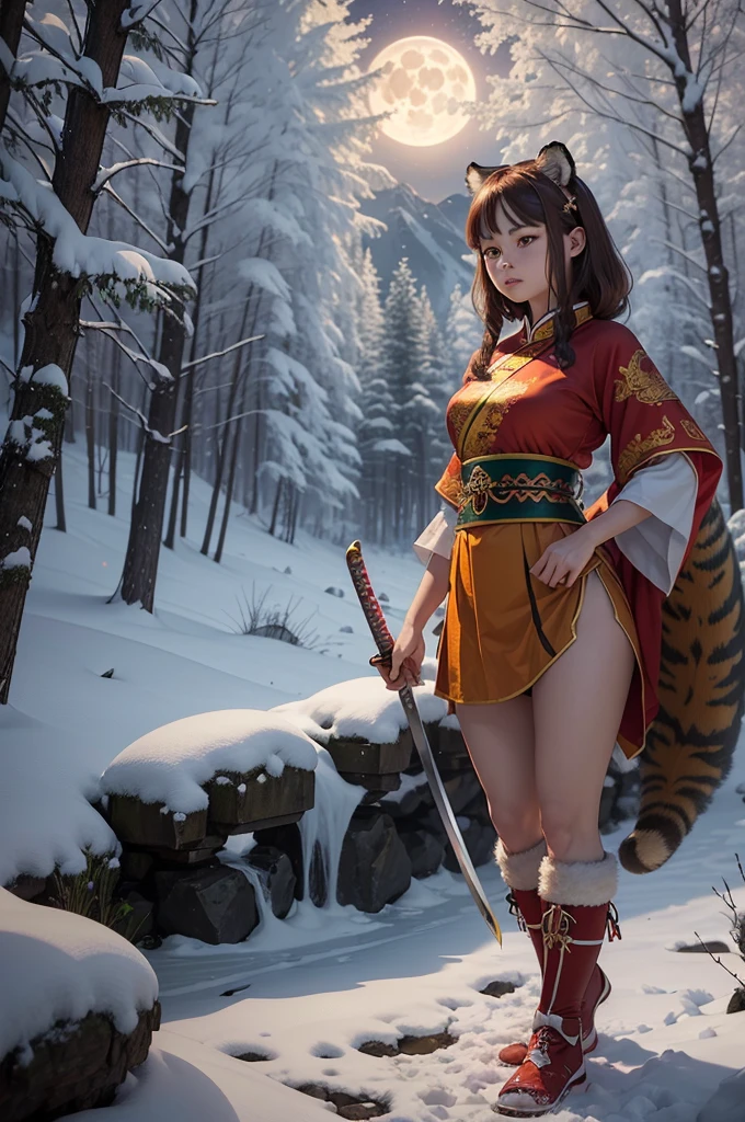 (Masterpiece artwork, 4k resolution, very detailled, ArtCalmV2, best qualityer), (tiger girl theme, Charismatic, there is a tiger girl in a snowy forest, wearing red traditional Chinese clothes and white skirt and carrying a katana on her hip which is kept, She is the head of a clan), [ ((age 25), (short light brown hair:1.2), (tiger ears:1.2), whole body, (tiger tail:1.2) tail, (greeneyes:1.2), ((Guard Posture), demonstration of resilience), ((wild and relaxing environment):0.8)| (FOREST LANDSCAPE, at night, dynamic lights), (fullmoon))] # Explanation: The prompt mainly describes an ultra-high-definition 4K painting, very realistic, very detailled. It shows a clan chief in front of some snow-covered trees, wearing red colored traditional Chinese clothes and white colored skirt. The theme of the painting is a clan chief theme, the female protagonist has short light brown hair, is age 25 old and her entire body is shown in the painting, her tiger tail is showing, and her tiger ears too, her katana is beside her waist.