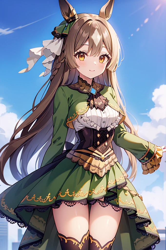 masterpiece, High resolution, Long Hair, Half Up, Braiding, Hair between the eyes, Animal ears, earrings, Horse tail, chest, Frills, Black Ascot, Green Dress, (Sleeves are longer than the wrist:1.2), Black knee socks, Vibrant colors, whole body, Outdoor, (大きなchest:0.8), smile