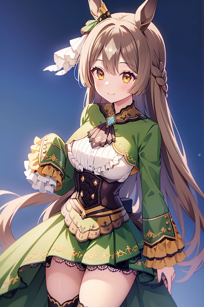 masterpiece, High resolution, Long Hair, Half Up, Braiding, Hair between the eyes, Animal ears, earrings, Horse tail, chest, Frills, Black Ascot, Green Dress, (Sleeves are longer than the wrist:1.2), Black knee socks, Vibrant colors, whole body, Outdoor, (大きなchest:0.8), smile