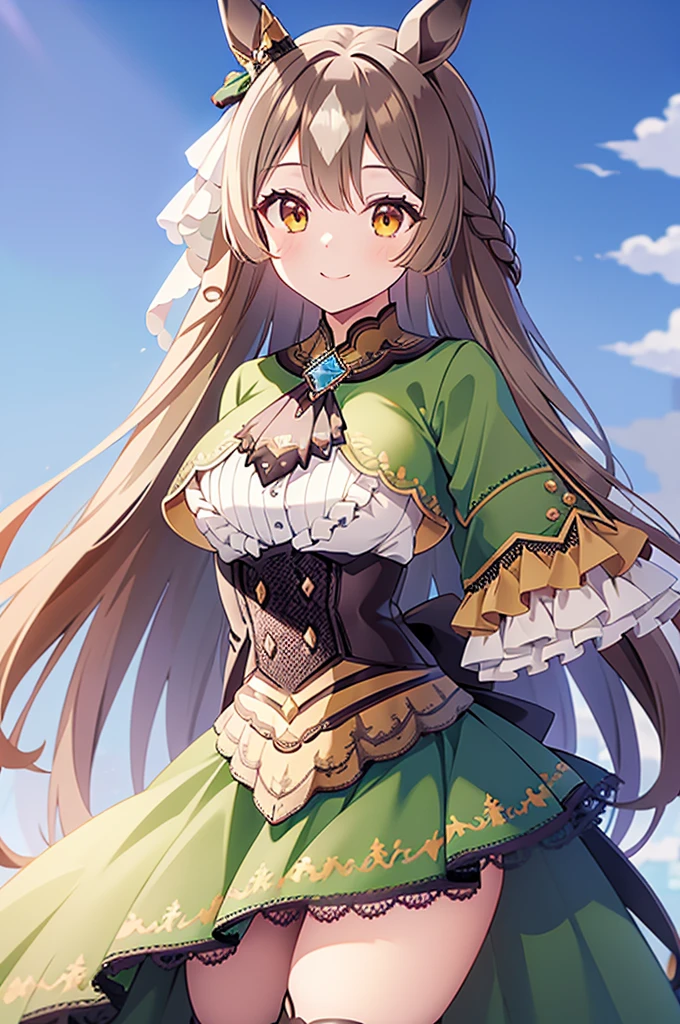 masterpiece, High resolution, Long Hair, Half Up, Braiding, Hair between the eyes, Animal ears, earrings, Horse tail, chest, Frills, Black Ascot, Green Dress, (Sleeves are longer than the wrist:1.2), Black knee socks, Vibrant colors, whole body, Outdoor, (大きなchest:0.8), smile