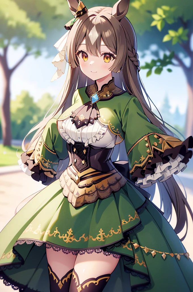 masterpiece, High resolution, Long Hair, Half Up, Braiding, Hair between the eyes, Animal ears, earrings, Horse tail, chest, Frills, Black Ascot, Green Dress, (Sleeves are longer than the wrist:1.2), Black knee socks, Vibrant colors, whole body, Outdoor, (大きなchest:0.8), smile